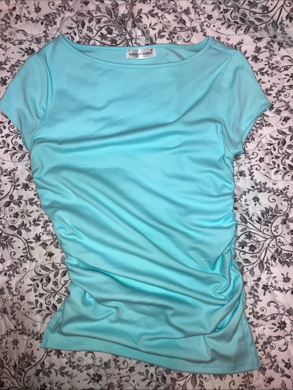 Popular Basics Women's Aqua Ruched Short Sleeve Tee